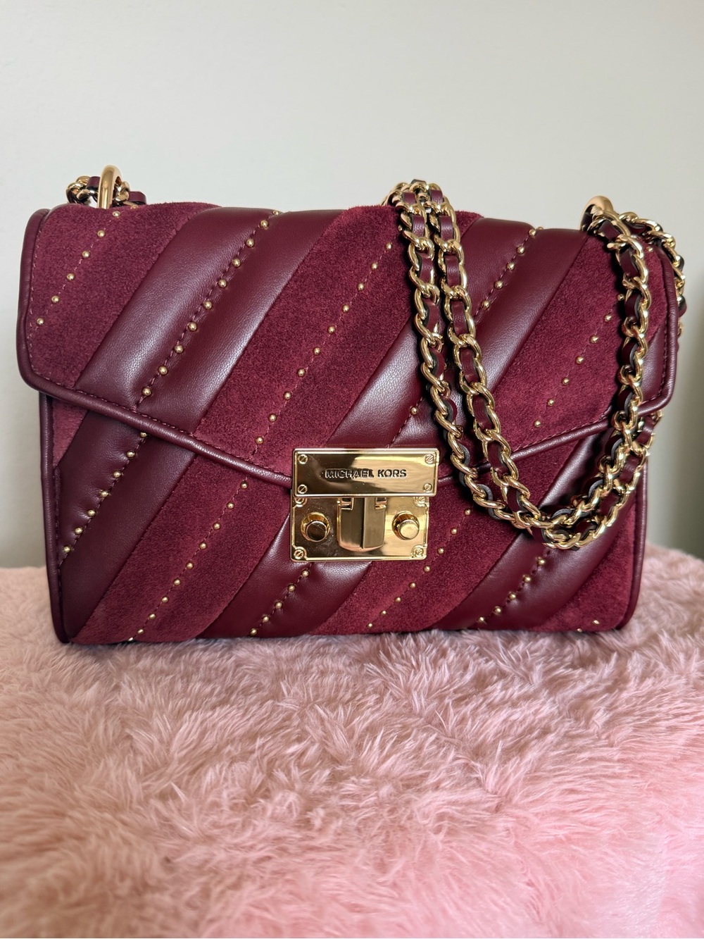 Michael Kors Wine Quilted Chain Crossbody Bag with Gold Hardware